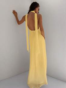 Aloruh 女式深 V 领露背飘逸雪纺连衣裙，A 字型收腰度假连衣裙，适合婚礼、派对、夏季 - 芥末黃 - 查看 2