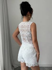 Elenzga 2pcs Women Floral Lace Front-Tie Vest And Shorts Fashion Set - White - View 2