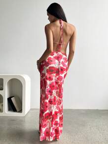 Aloruh Vrouwen Bloemenprint Sexy Rugloze Halter Maxi Strandjurk