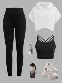 SHEIN Leap Crew 3pcs/Set Tween Girl Loose Fit Hooded Cropped T-Shirt, Cami Top And Leggings Sports Outfit, Gym Clothes - Black and White - View 1