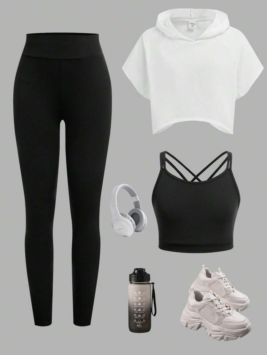 SHEIN Leap Crew 3pcs/Set Tween Girl Loose Fit Hooded Cropped T-Shirt, Cami Top And Leggings Sports Outfit, Gym Clothes - Black and White - View 1