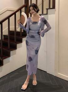 DAZY 2pcs Women Floral Print Mesh Long Sleeve Top And Dress Set, Minimalist