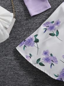 SHEIN 2pcs/Set Young Girl Floral Chinaware Print Dress & Ruffle Trim Cardigan Set,Holiday,Summer,Travel - Mauve Purple - View 6