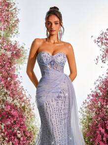 Glamrae 优雅浅灰色露肩网眼透视奢华亮片撞色网眼垂坠鱼尾拖尾长款晚礼服，派对礼服，婚礼宾客礼服，正式礼服，晚礼服 - 淺灰色 - 查看 7