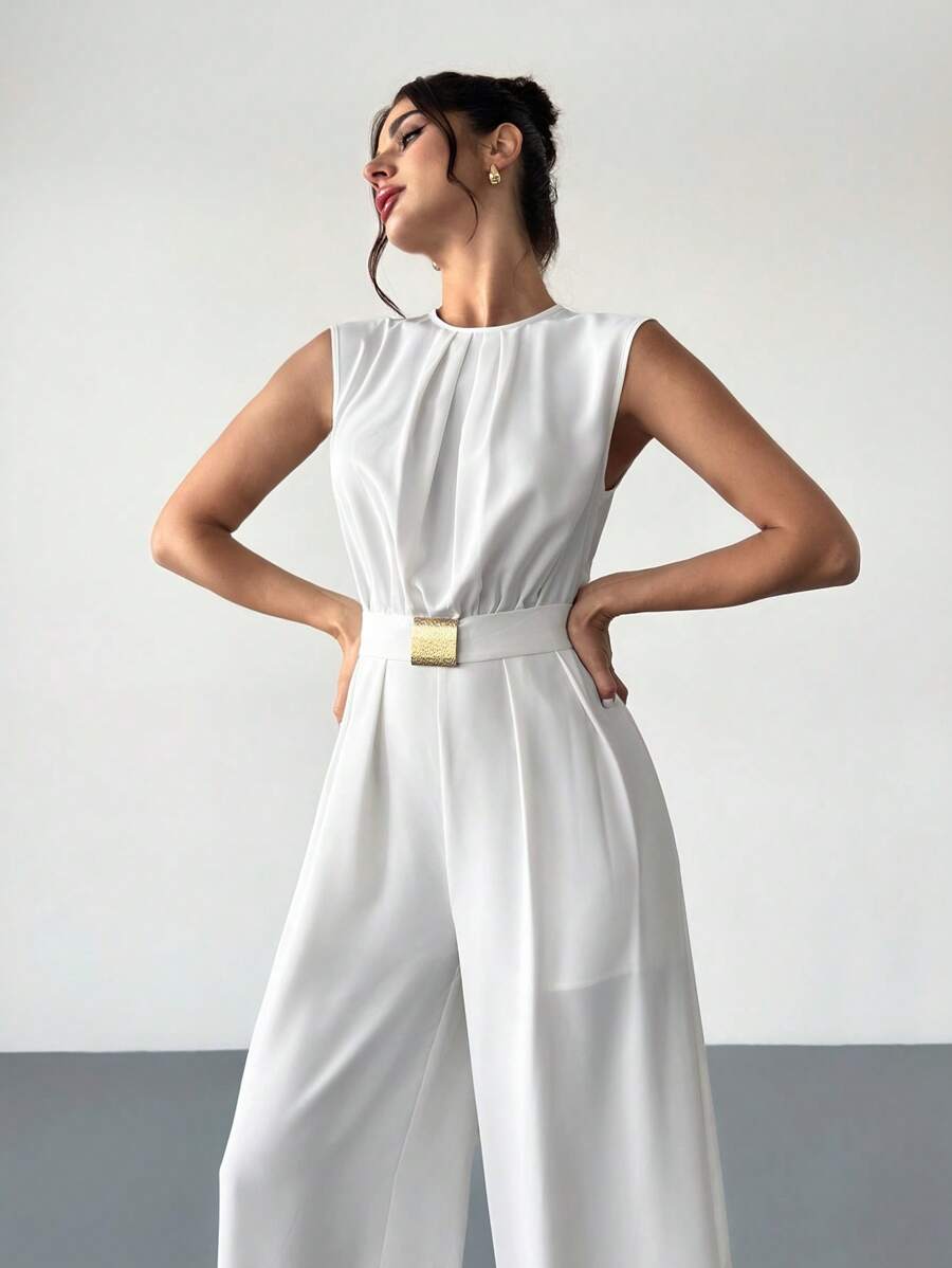 Firerie Mono de una pieza nuevo con cinturón de metal, ropa blanca festiva adecuada para la temporada de bodas, vestidos de dama de honor, fiestas, salidas, cooperación comercial y otras ocasiones, que resalta su belleza