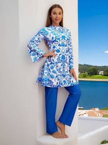 Swim Mulvari 2 Pieces Women Blue Floral Print Comfort Cut + Blue Wide Leg Swimsuit Burkini SetArabic Clothing For Summer Beach Vacation