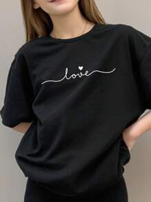 SHEIN Girlism 2 件套 Tween 女童休闲简约字母印花短袖宽松 T 恤和喇叭裤套装，适合春夏季