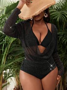 SHEIN Slayr CURVE Plus Size Women 3Pcs Set Beach Holiday Solid Color Halter Tie String Bikini With Long Sleeve Chiffon Cover Up For Vacation & Leisure Swimwear
