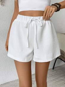 Chiquease Women's White High Waist Tie Belt Loose Wide Leg Textured Shorts