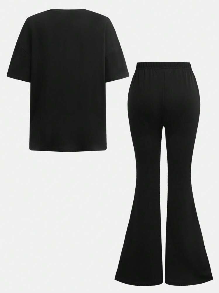 SHEIN 2pcs/Set Tween Girls Casual Minimalist Letter Graphic Loose Short Sleeve Tee And Flared Pants Set, Suitable For Spring/Summer - Black - View 2