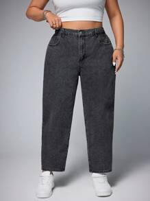 SHEIN EZwear Plus Size Casual Washed High Waist Tapered Leg Jeans