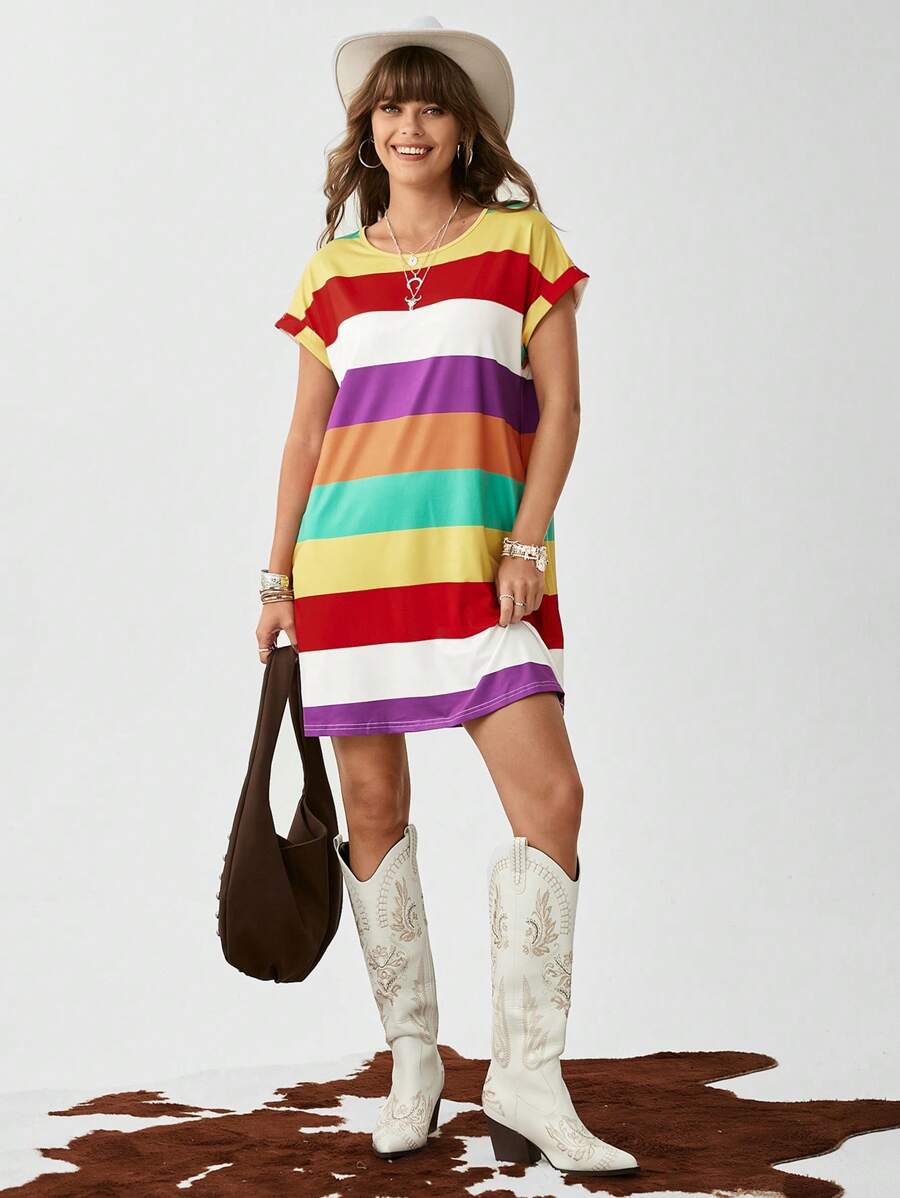 Wildy Colourblock Batwing Sleeve Tee Dress - Multicolor - View 1