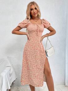 Breezaya Damen Blümchen Bindedetail Kurzes Puffärmel Kleid mit Schlitz am Saum, elegantes romantisches Urlaubskleid