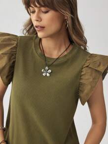 Wildy Western Wear Women Women's Wash Vintage Round Neck Cap Sleeve Knit Patchwork Casual Cap Sleeve T-Shirt