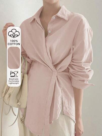DAZY 女式宽松侧系带设计衬衫，商务休闲，秋季服装学院风上衣长袖上衣
