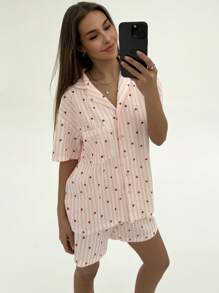 Aloruh 2 件女士条纹心形印花短袖短裤套装 - 粉色 - 查看 7