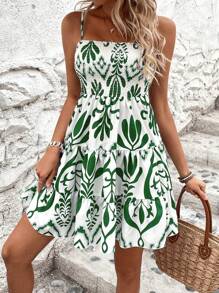 Breezaya 度假休闲花卉印花无袖连衣裙 - 綠色 - 查看 3