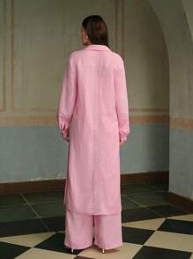 ZEYLAH Women's Pink Long Single-Breasted Slit Hem Casual Shirt Dress