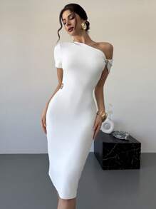 SHEIN Privé Đầm bodycon dài vừa phải màu trắng xếp ly cổ bất đối xứng trang trí kim loại thời trang thanh lịch tối giản tinh tế hàng ngày đi làm lãng mạn gợi cảm đêm hẹn hò - trắng - Xem 6