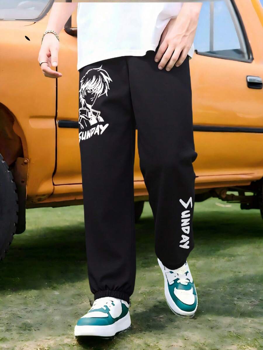 SHEIN 大童休闲动漫人物与字母印花运动裤，春夏 - 黑色 - 查看 1