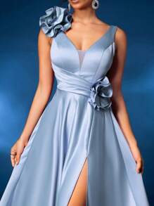 Glamrae Elegant & Luxurious V-Neck 3D Floral Decor High Slit A-Line Maxi Dress With Train, Formal Evening Gown, Wedding Guest Dress, Party Dress - Baby Blue - View 2