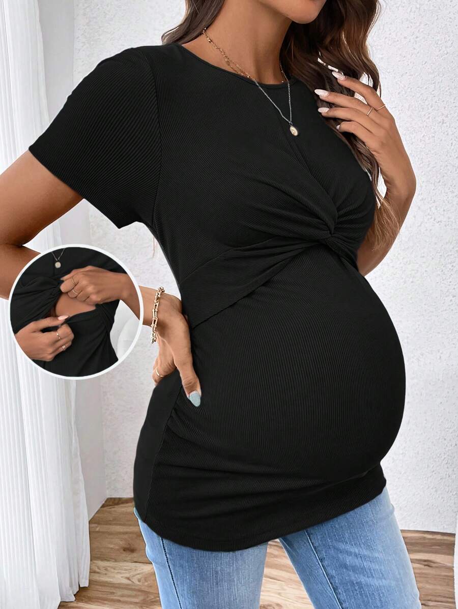 SHEIN Maternity Casual Crew Neck Slim Fit Maternity Nursing T-Shirt, Short Sleeve Black