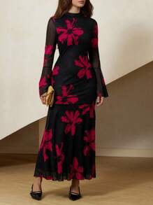Aveloria Rosie Elegant French Style Floral Print Black Bodycon Dress With Flared Sleeves And Mesh Details Dresses For Women Elegant  All Over Print For Spring Fall - Hot Pink - View 6