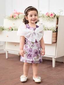 SHEIN Đầm nơ trang trí họa tiết hoa thanh lịch cho bé gái, phù hợp cho mùa hè - Màu tím - Xem 4