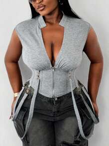 Maweii Plus Size Women Plain Short Zip Up Jacket - Grey - View 1