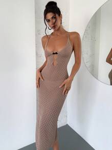 Firerie New Elegant Apricot Deep V-Neck Hollow Out Backless Cross Strap Fitted Crochet Spaghetti Strap Dress, Vacation Style, Spring/Summer Concert Rave Outfit Women
