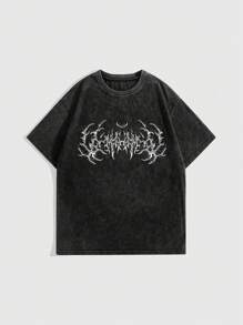 ROMWE Grunge Punk Vintage Oversized Snowflake Washed Short Sleeve T-Shirt With Retro Print And Loose-Fit For Hip-Hop Streetwear Style, School, Unisex - Black - View 5