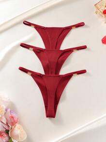 3pcs Women's Plain Metal Decor Minimalist Sexy G-Strings Casual - Burgundy - View 2