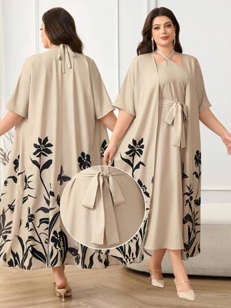 Mulvari 大码宽松简约夹克和连衣裙优雅两件套