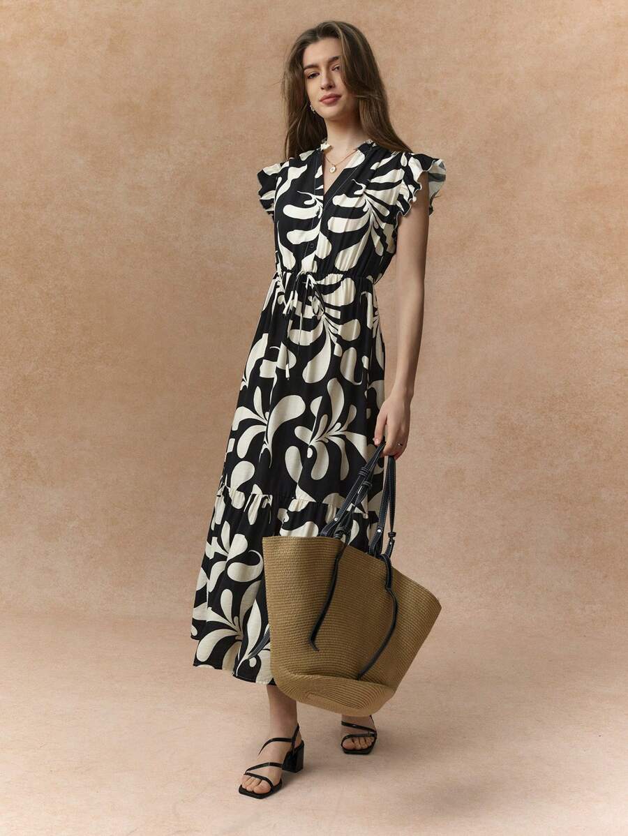 Écloséra 大码女式全印花盖袖连衣裙，优雅的法式风格 - 黑色 - 查看 1