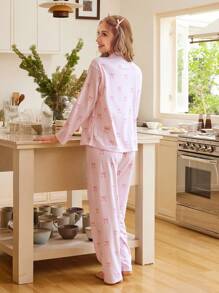 SHEIN 2 件套 Tween 女童可爱蝴蝶结装饰口袋领长袖上衣和宽松直筒睡裤套装，休闲睡衣