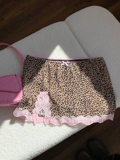 Comfortcana Falda de verano de mujer con estampado de leopardo y encaje de contraste