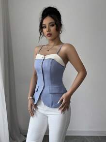 Elenzga Damen ärmelloses blaues & weißes Patchwork Top mit Knopfdesign an der Taille