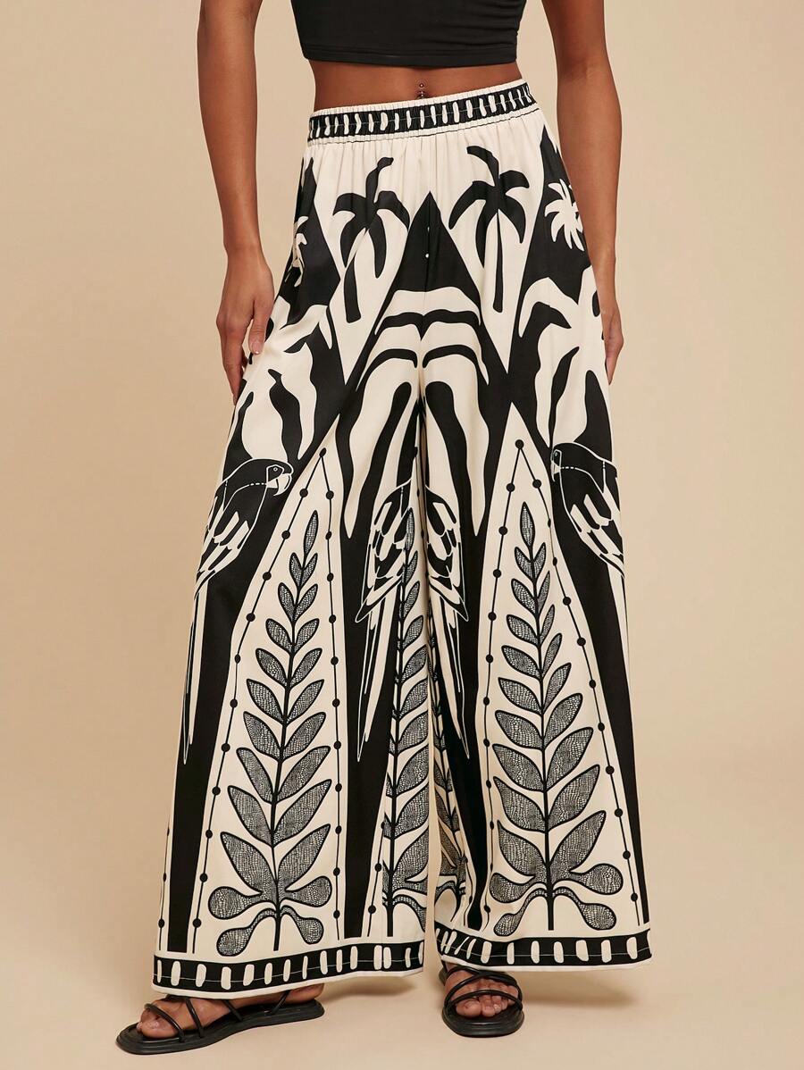 Travachic Tropical Print Wide Leg Casual Vacation Pants,Vacation Outfits Women,Bohemia