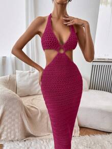 Breezaya 度假时尚纯色露背挂脖针织连衣裙 - 紅色 - 查看 3