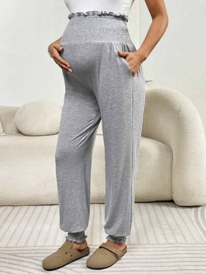 SHEIN 孕妇纯色弹力高腰抽绳口袋裤