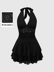 ROMWE Goth Vestido mini con borde con volantes, bordado con lentejuelas y diseño floral con tótem en negro