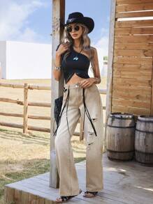 Breezaya Gradient Ripped Pocket Zip Wide-Leg Jeans, Suitable For Everyday Wear - Yellow - View 6