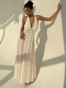 Aloruh Elegantes, sexy tiefes V-Ausschnitt-ärmlelloses, süß rosa Ditsy-Blumen A-Linien Kleid mit fließendem Saum in Midi-Länge, geeignet für Urlaub und Teegesellschaft