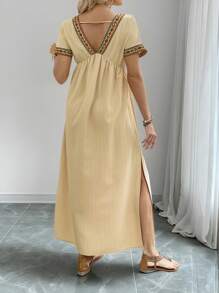 Breezaya Của phụ nữ Ngắn tay Khối màu Hình học Dệt hoa Đầm - Màu Khaki - Xem 2