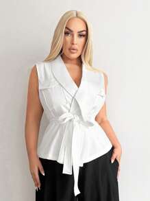 SHEIN SXY Plus Size Vrouwen Sexy Streetwear Gyanu Y2K Revers Kraag Borstzak Decor Mouwloos Strik Taille Vest, Geschikt Voor Dagelijkse Kleding, Zakelijk, Eenvoudig, Woon-werkverkeer, Elegant, Casual, Winkelen, Streetwear, Uitgaan, Gemakkelijk Te Combineren & Ziet Er Slank Uit, Accentueert Uw Lichaam, Flatteert Uw Figuur