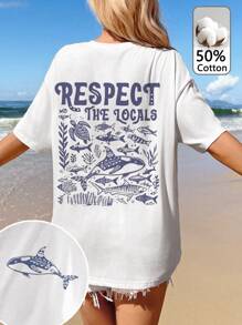 Tseoso 超大号休闲“尊重当地人”海洋度假印花鲸鱼、海龟和海洋生物图案 T 恤，柔软棉混纺（>=50% 棉），适合夏季