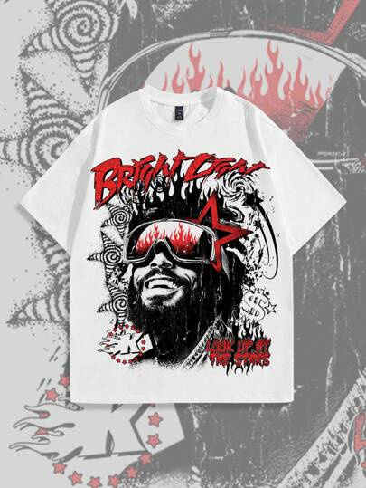 Street Life Camiseta casual de cuello redondo de manga corta con estampado de letras y caracteres para hombres