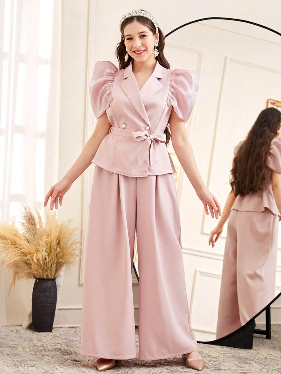 SHEIN Zweiteiler für Teenager Mädchen: elegante Bluse mit Ballonärmeln und Bindung in der Taille & weite Hose