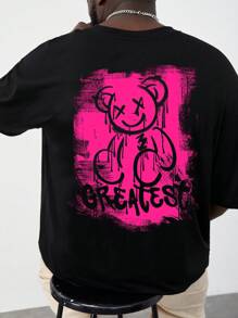 Manfinity EMRG Plus Size Men's Plus Size Black T-Shirt With Bear & Graffiti Graphic, Casual Streetwear