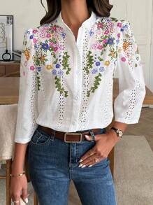 Elouméa 女士度假休闲花卉印花镂空刺绣衬衫 - 彩色 - 查看 4